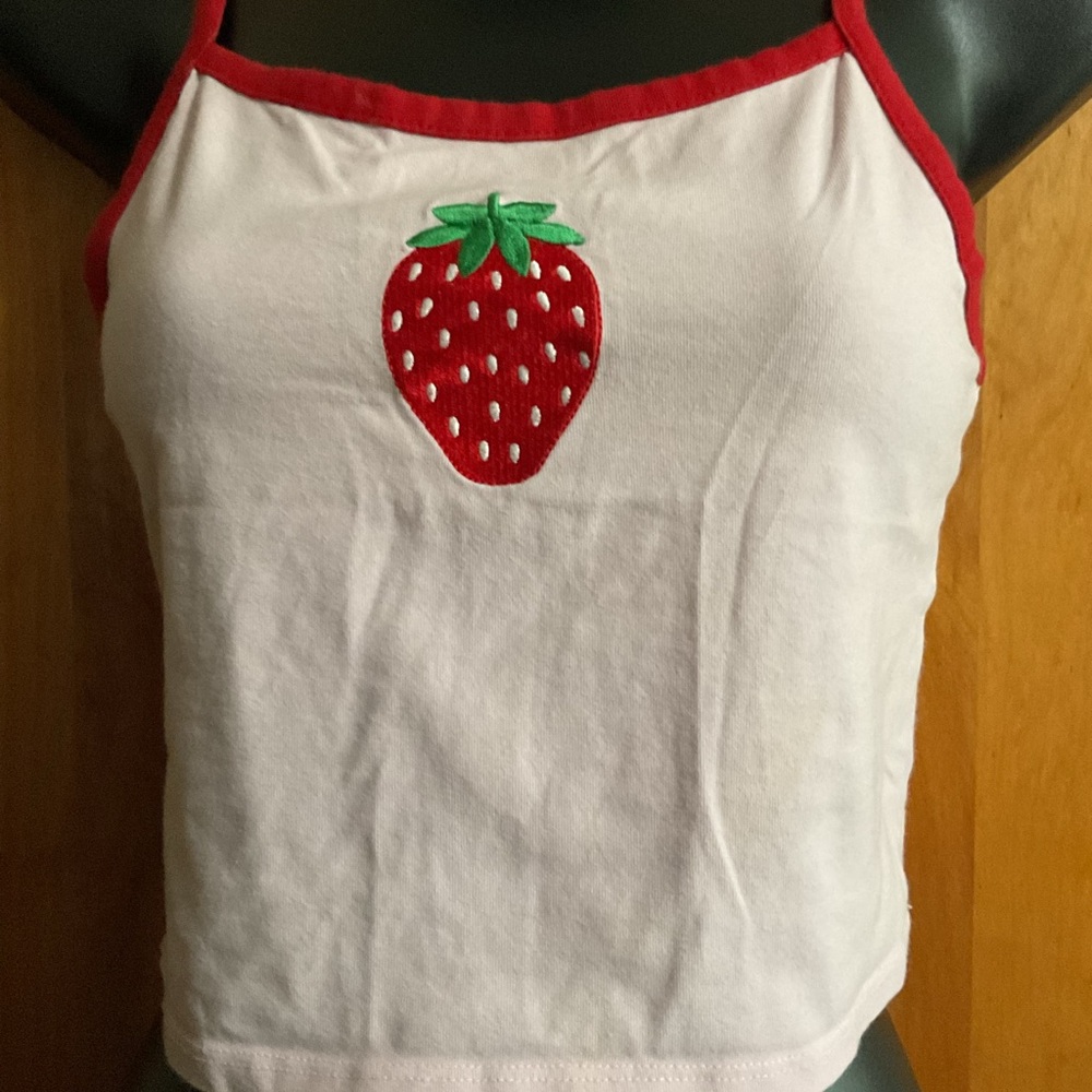 White Crop Tank with Red Strawberry Applique